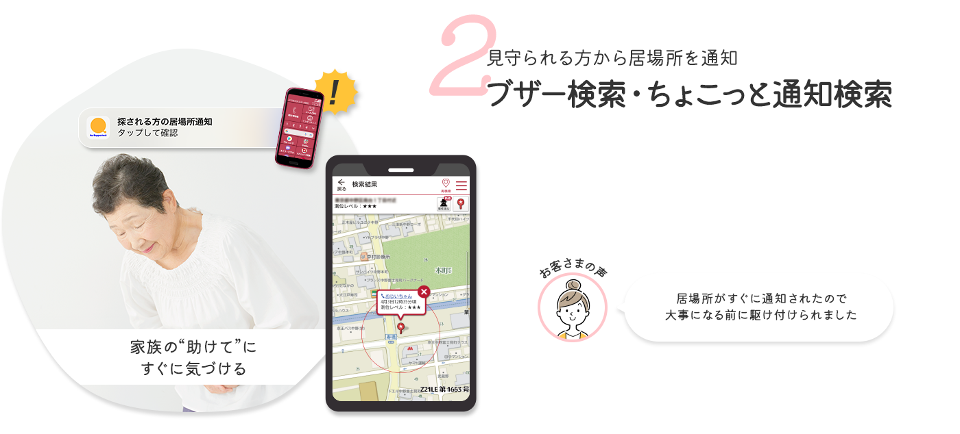 2 見守られる方から居場所を通知ブザー検索・ちょこっと通知検索 お客さまの声 居場所がすぐに通知されたので大事になる前に駆け付けられました